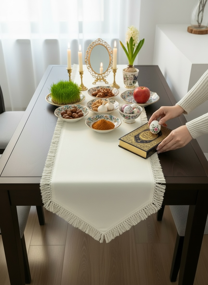راهنمای کامل چیدن سفره هفت‌سین شیک و مینیمال | ایده چیدمان روی میز + رنگ‌بندی و وسایل ضروری